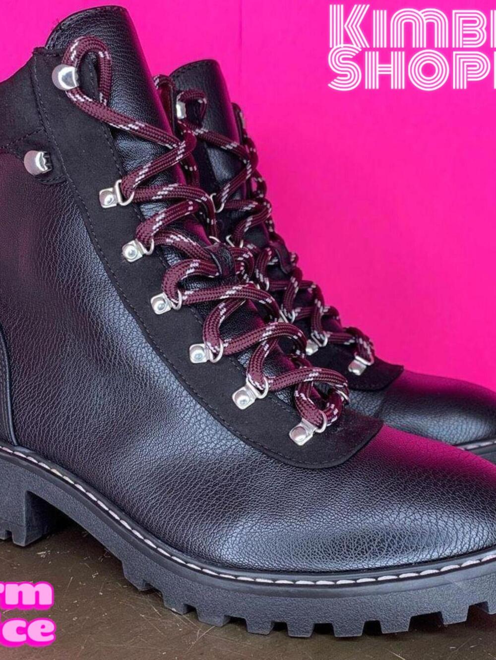 H&M Black Faux Leather Hiking Lace-Up Cushion Collar Lug Sole Boots US 8 EU 39